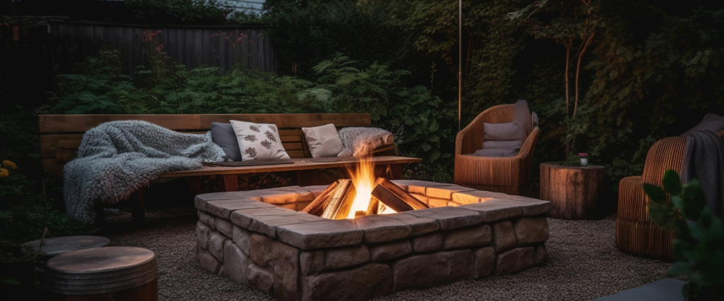 Luxury outdoor fireplace installation - Cozy backyard stone fireplace with seating area.